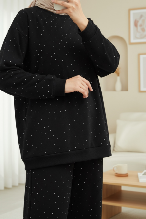 Serpme Taş Detaylı Pantolonlu Oysho Takım -Siyah