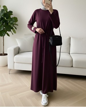 Round Neck Tied Waist Oysho Dress -Damson