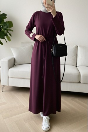 Round Neck Tied Waist Oysho Dress -Damson