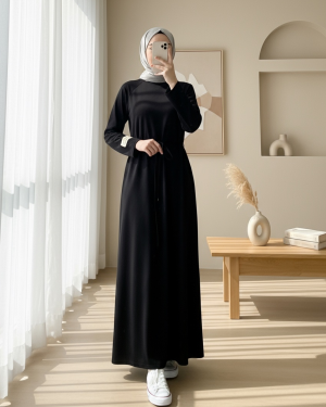 Round Neck Tied Waist Oysho Dress -Black