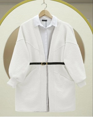 Cepli Balon Kol Oversize Buklet Ceket  -Beyaz