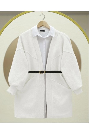 Cepli Balon Kol Oversize Buklet Ceket  -Beyaz