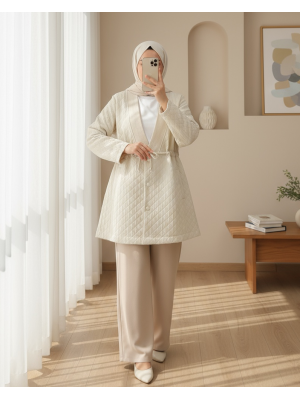 V Yaka Beli Bağcıklı Cepli Düğmeli Kap -Bej