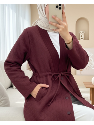 V Yaka Beli Bağcıklı Cepli Düğmeli Kap -Bordo