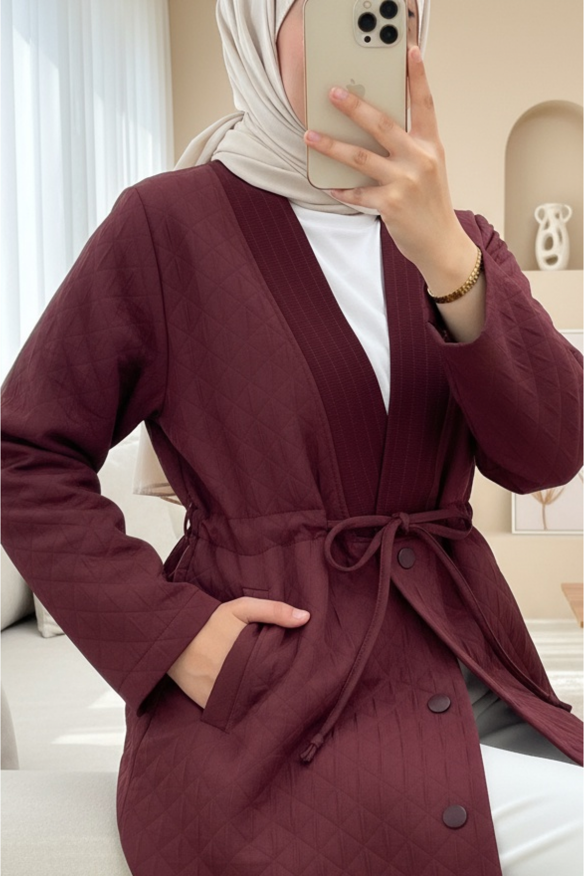 V Yaka Beli Bağcıklı Cepli Düğmeli Kap -Bordo