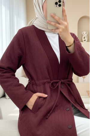 V Yaka Beli Bağcıklı Cepli Düğmeli Kap -Bordo
