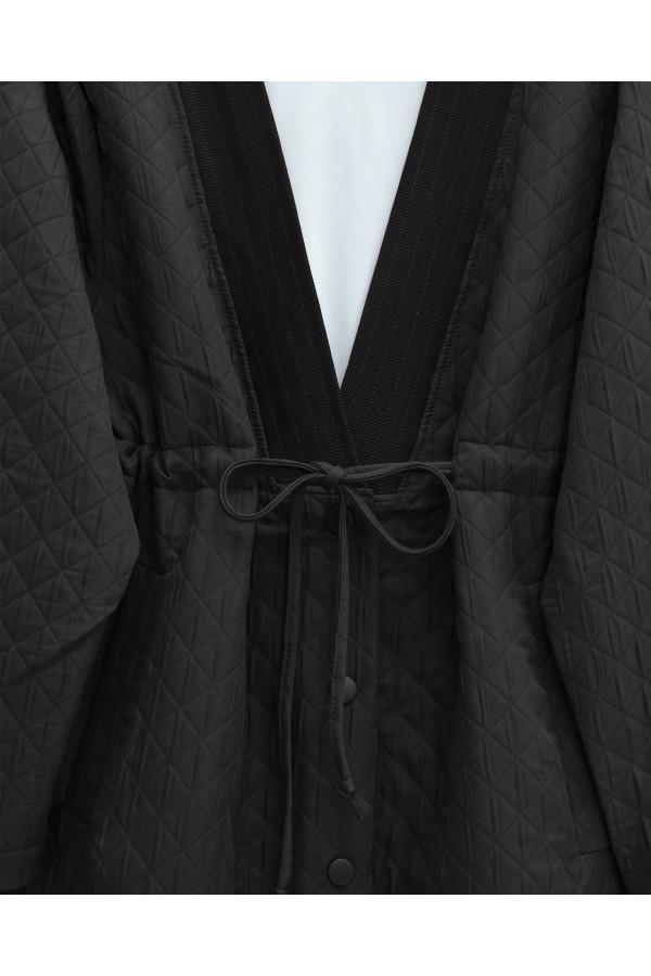 V-Neck, Waist Tie, Pocket, Buttoned Coat -Black
