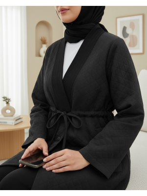 V Yaka Beli Bağcıklı Cepli Düğmeli Kap -Siyah