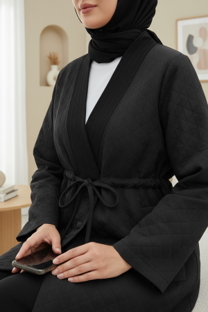 V Yaka Beli Bağcıklı Cepli Düğmeli Kap -Siyah