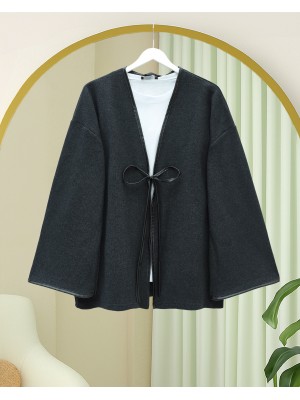 Önü Bağlamalı Deri Detaylı Salaş Kimono  -Antrasit
