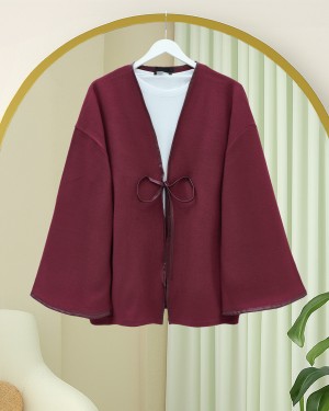 Loose Kimono with Tied Front Leather Detail -Maroon