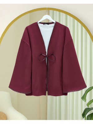 Önü Bağlamalı Deri Detaylı Salaş Kimono  -Bordo