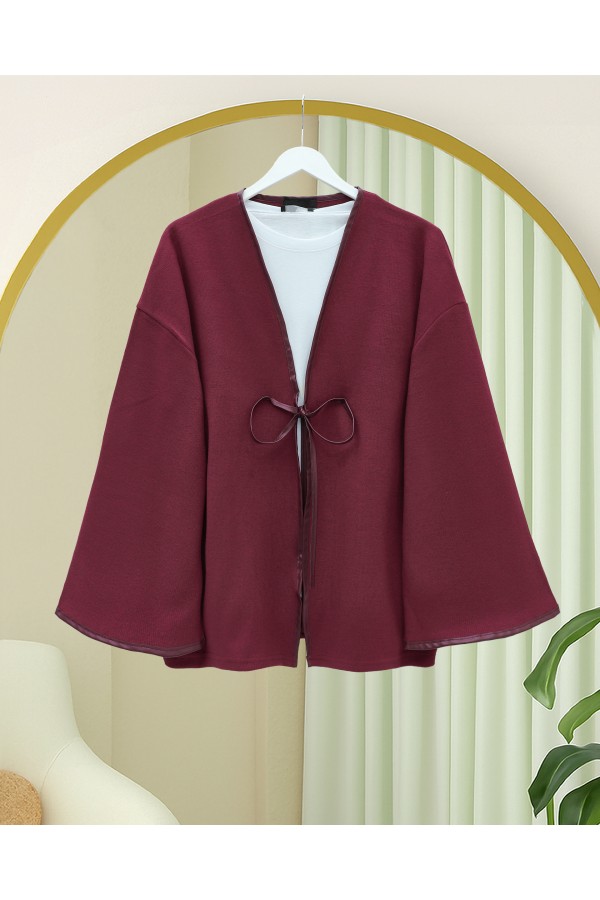 Önü Bağlamalı Deri Detaylı Salaş Kimono  -Bordo