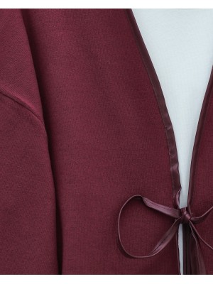 Önü Bağlamalı Deri Detaylı Salaş Kimono  -Bordo