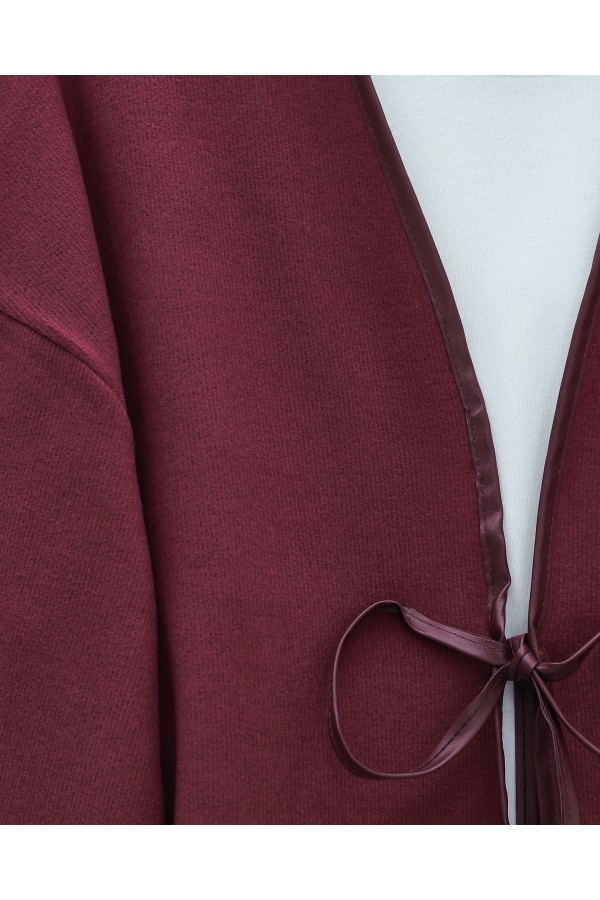Önü Bağlamalı Deri Detaylı Salaş Kimono  -Bordo