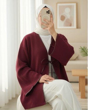 Loose Kimono with Tied Front Leather Detail -Maroon