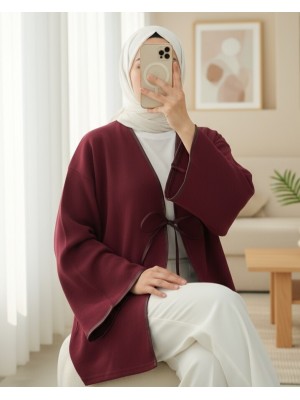 Önü Bağlamalı Deri Detaylı Salaş Kimono  -Bordo