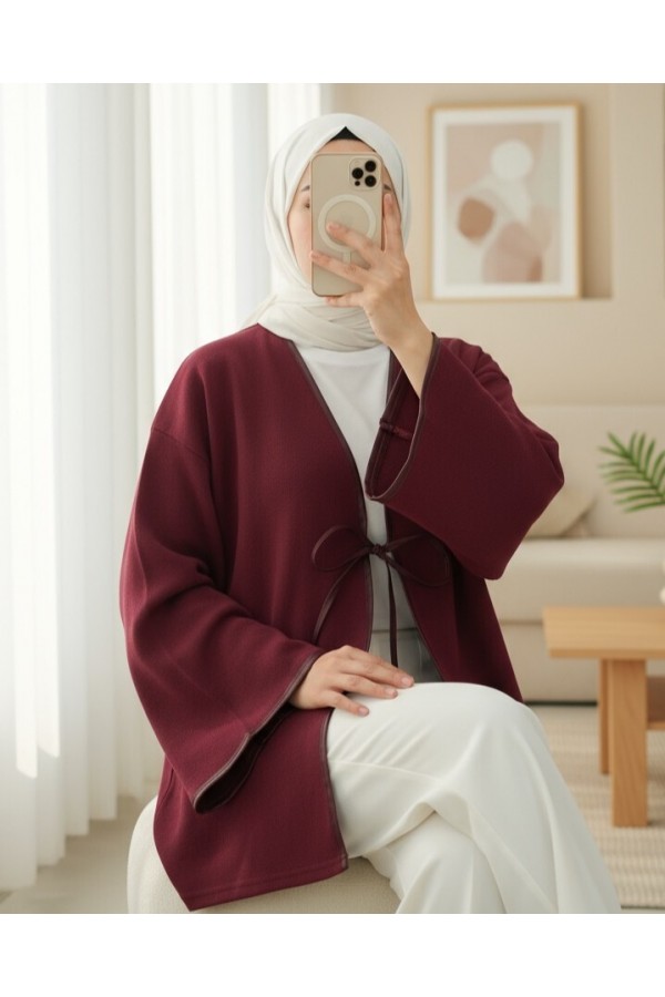 Önü Bağlamalı Deri Detaylı Salaş Kimono  -Bordo