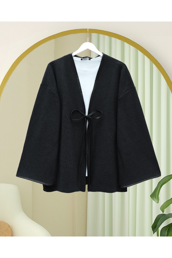 Önü Bağlamalı Deri Detaylı Salaş Kimono  -Siyah