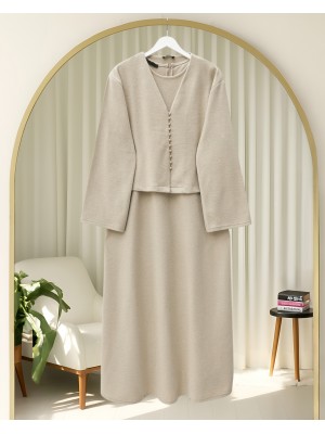 Krop Ceketli Selanik Elbise Takım  -Bej