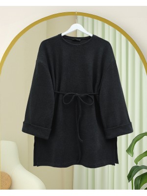 Selanik Tunic with Folded Sleeves and Tied Waist and Slit-Anthracite