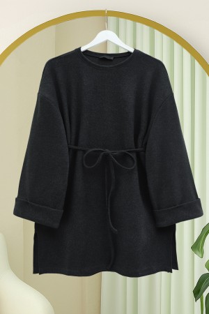 Kolu Katlı Beli Bağlamalı Yırtmaçlı Selanik Tunik-Antrasit