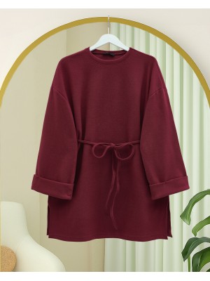 Kolu Katlı Beli Bağlamalı Yırtmaçlı Selanik Tunik -Bordo