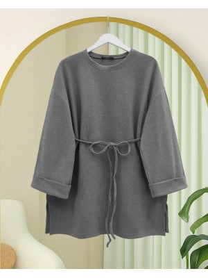 Kolu Katlı Beli Bağlamalı Yırtmaçlı Selanik Tunik -Gri