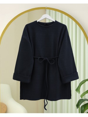 Selanik Tunic with Folded Sleeves and Tied Waist and Slit -Navy blue