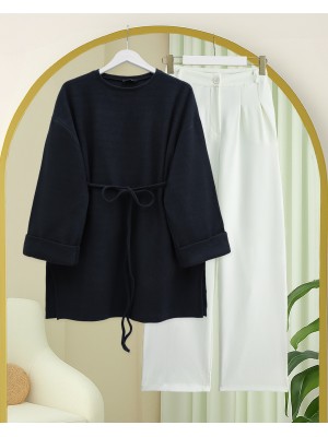 Kolu Katlı Beli Bağlamalı Yırtmaçlı Selanik Tunik -Laci