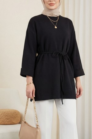Kolu Katlı Beli Bağlamalı Yırtmaçlı Selanik Tunik -Siyah