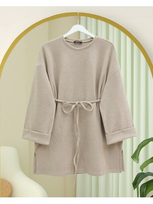 Kolu Katlı Beli Bağlamalı Yırtmaçlı Selanik Tunik-Taş