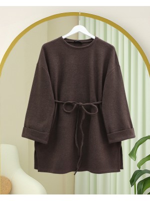 Kolu Katlı Beli Bağlamalı Yırtmaçlı Selanik Tunik -Toprak