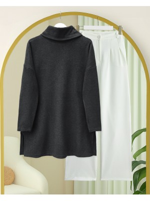 Balıkçı Yaka Yırtmaçlı Selanik Tunik  -Antrasit