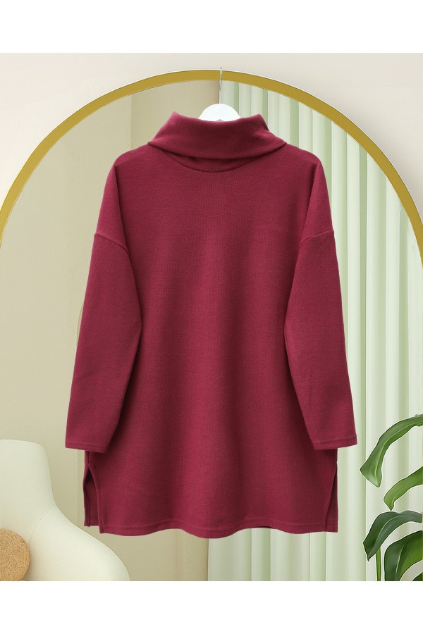 Balıkçı Yaka Yırtmaçlı Selanik Tunik  -Bordo