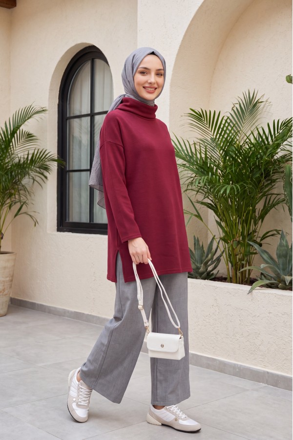 Balıkçı Yaka Yırtmaçlı Selanik Tunik  -Bordo