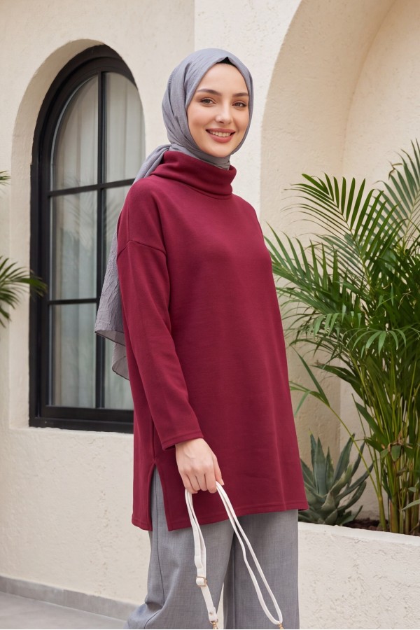 Balıkçı Yaka Yırtmaçlı Selanik Tunik  -Bordo