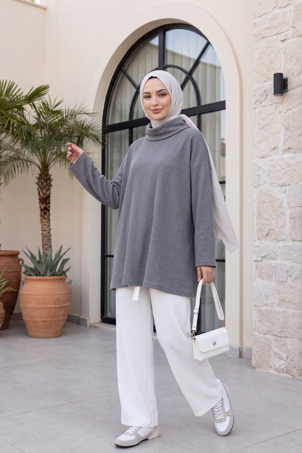 Turtleneck Slit Selanik Tunic-Grey