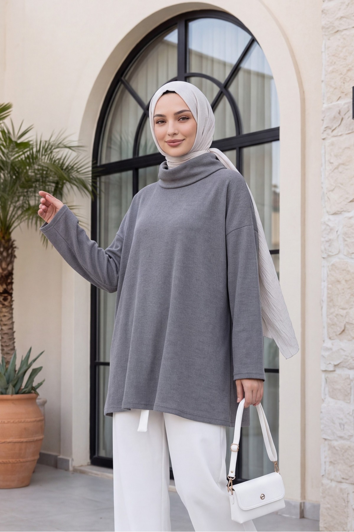 Turtleneck Slit Selanik Tunic-Grey