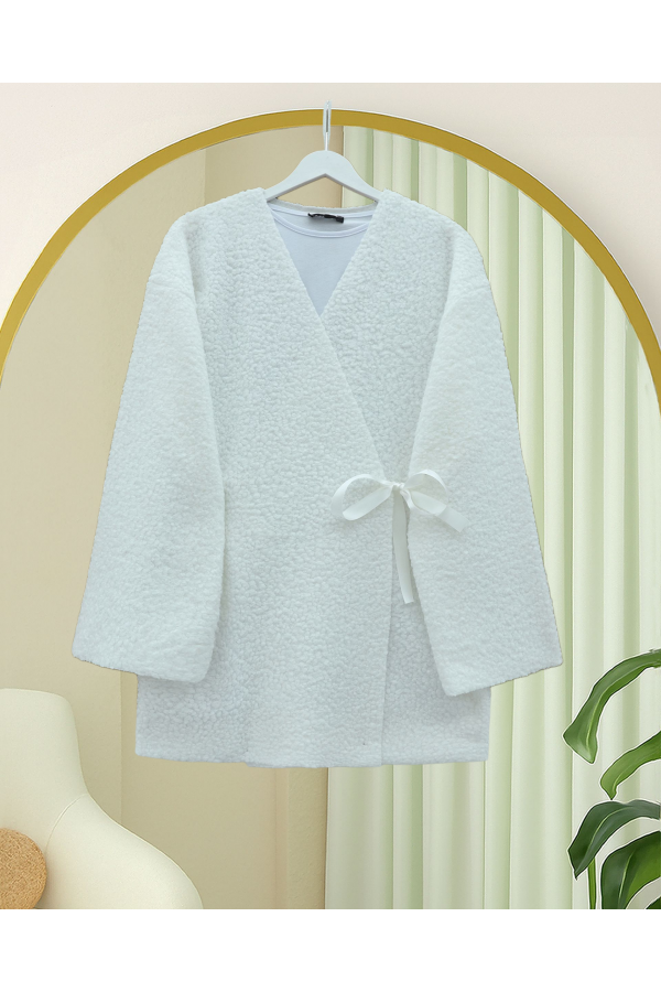 Yandan Bağlamalı Buklet Kimono   -Beyaz