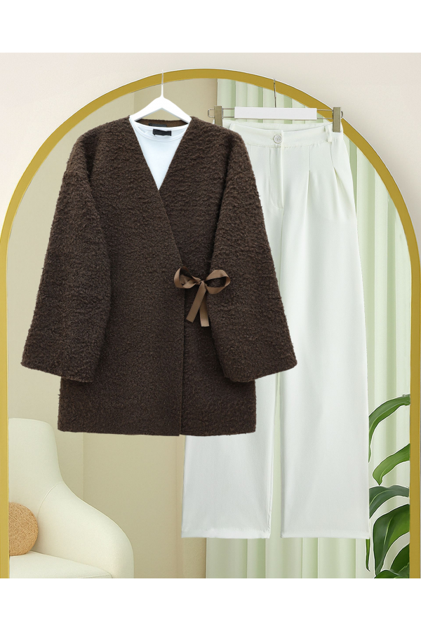 Yandan Bağlamalı Buklet Kimono   -K. Kahve