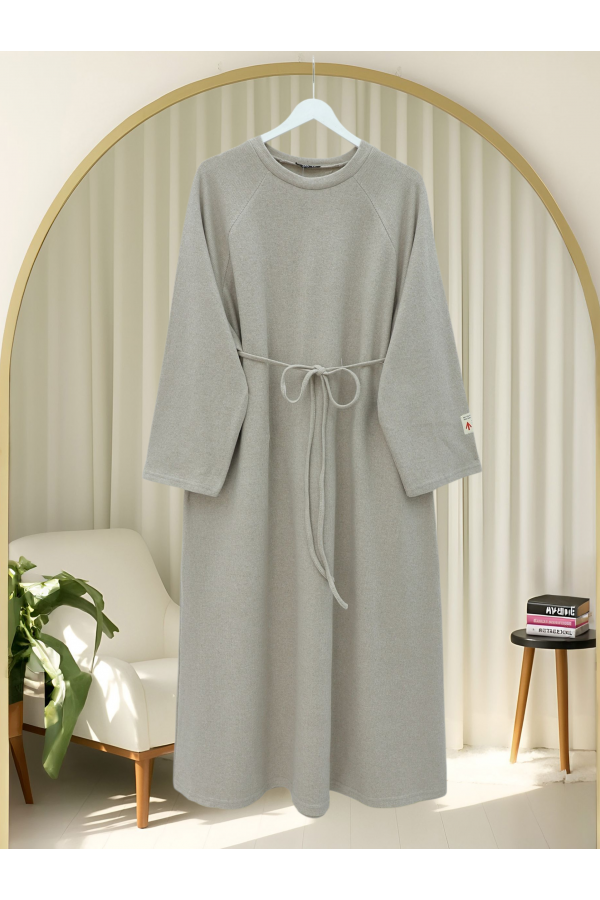 Round Neck Selanik Dress with Tie Waist - Beige