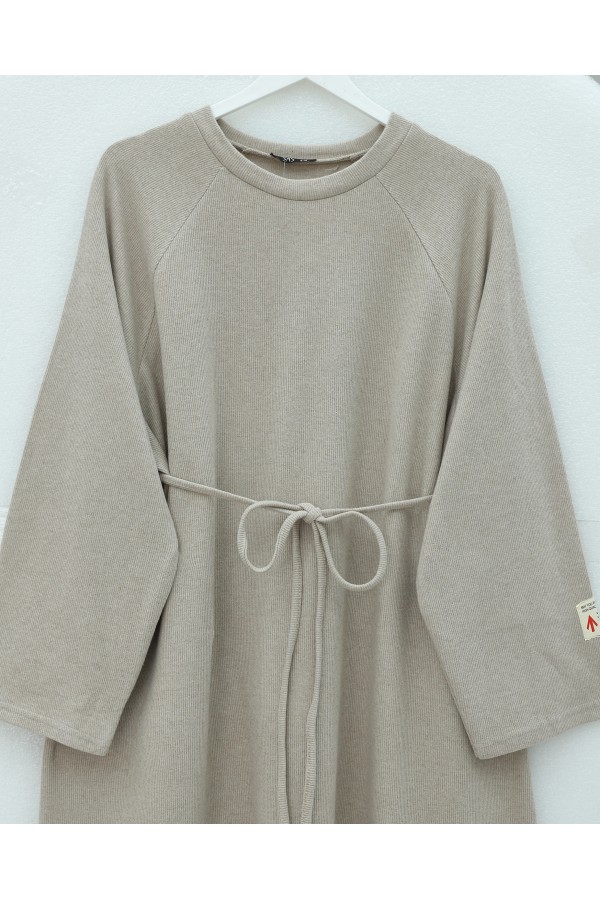 Round Neck Selanik Dress with Tie Waist - Beige