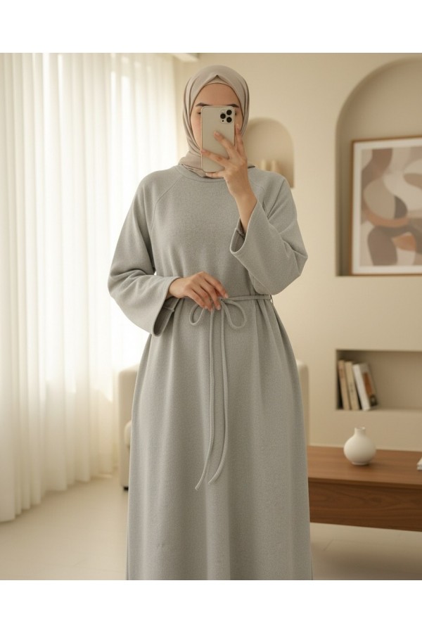 Round Neck Selanik Dress with Tie Waist - Beige