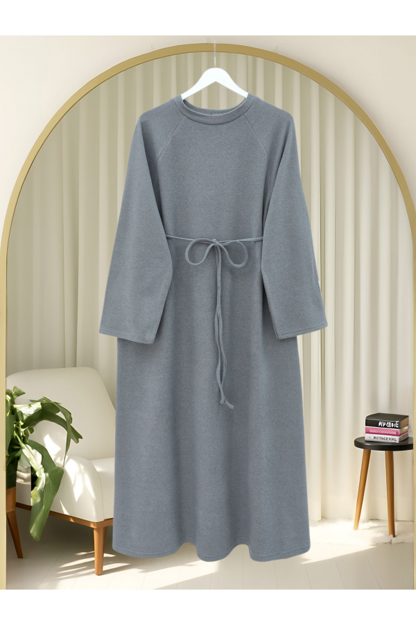 Round Neck Selanik Dress with Tie Waist -Grey