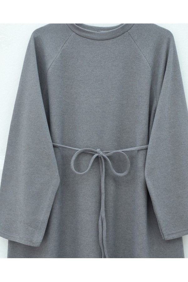 Round Neck Selanik Dress with Tie Waist -Grey