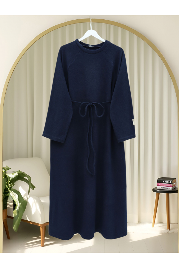 Round Neck Selanik Dress with Tie Waist -Navy blue