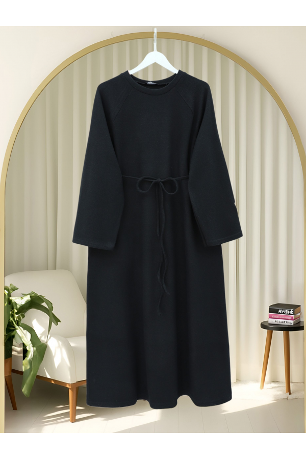 Round Neck Selanik Dress with Tie Waist -Black