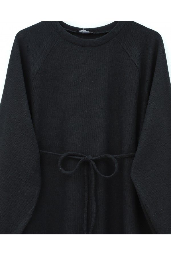 Round Neck Selanik Dress with Tie Waist -Black