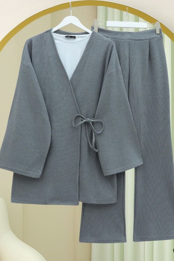 Cross-Laced Thessaloniki Kimono Set -Grey